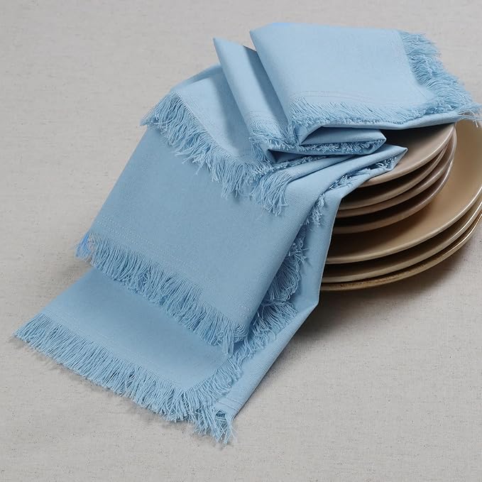 Bedding Craft Cotton Cloth Dinner Napkins Set of 12 – 18x18 Airy Blue with Fringed Corners – Machine Washable Fabric Napkins for Weddings, Baby Showers, Parties & Table Décor