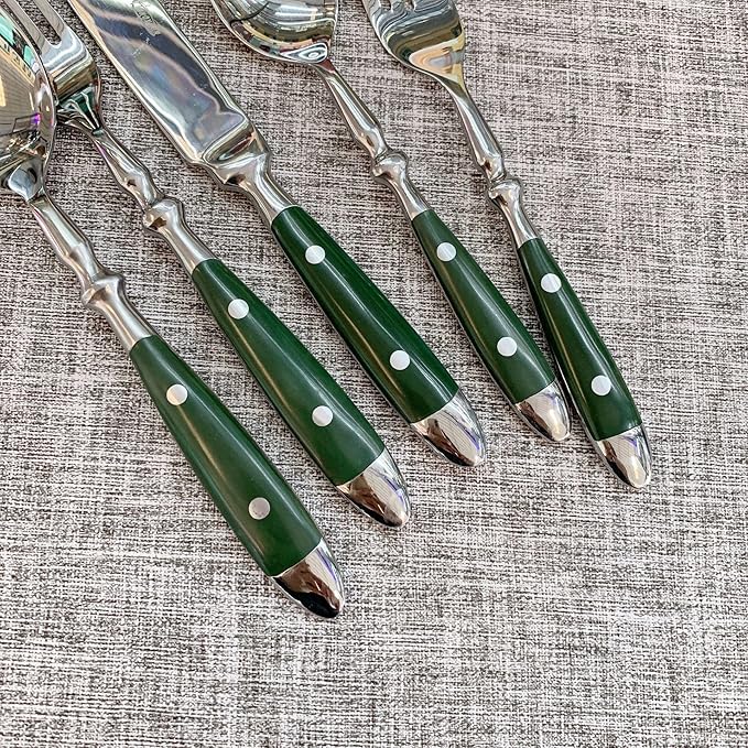 IKXO 20 Pieces Green Gum Wood Handle Silverware Set for 4, Exquisite Ergonomic Flatware Set Food-Grade Stainless Steel Cutlery Set, Tableware Eating Utensils, Mirror Finished, Dishwasher Safe…