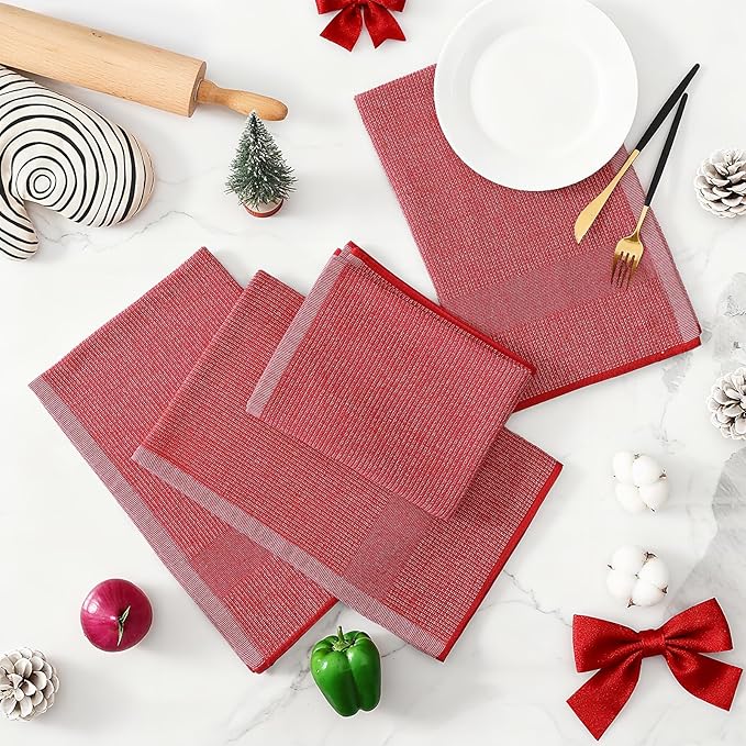 Homaxy Premium Kitchen Towels(18”x 28”, 8 Pack), Large Cotton Kitchen Hand Towels, Flat and Terry Dish Towels, 380 GSM Highly Absorbent Tea Towel Set with Hanging Loop, Red