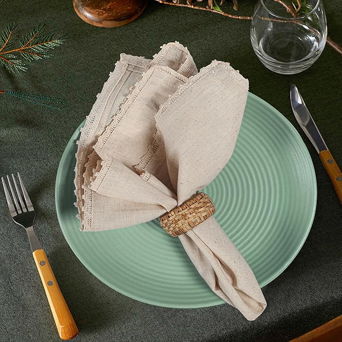 Natural Color Blend Cotton Linen Napkins Set of 12 - with Lace 18x18 Inch Decorative Elegant Washable Reusable Flax Dinner Napkin for Dining Table Décor Wedding Party Christmas New Year & Everyday Use