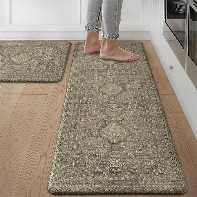 GENIMO Kitchen Mats for Floor 2PCs, Washable Anti Fatigue Mat for Cushioned, 17.3"x47"+17.3"x30", Waterproof Kitchen Rugs, Non Slip Comfort Standing Mat Rug for Home, Sink, Laundry, Sage