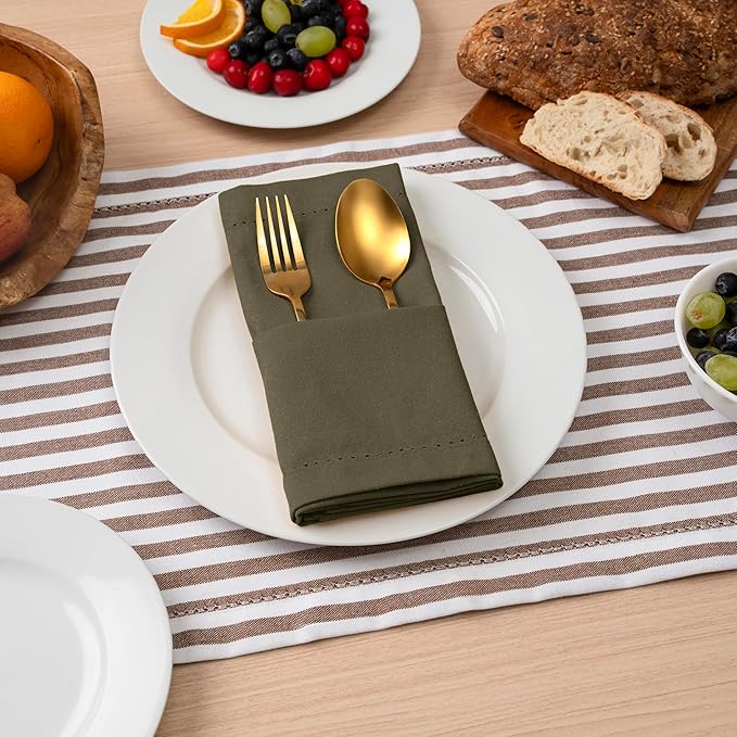 Blue Needles Set of 6 Hemstitch Linen Napkins 100% Cotton Olive Green Cloth Dinner Napkins 18x18 inches, Soft, Reusable, Absorbent, Washable, Ideal for Fall Thanksgiving Events, Parties & Everyday Use