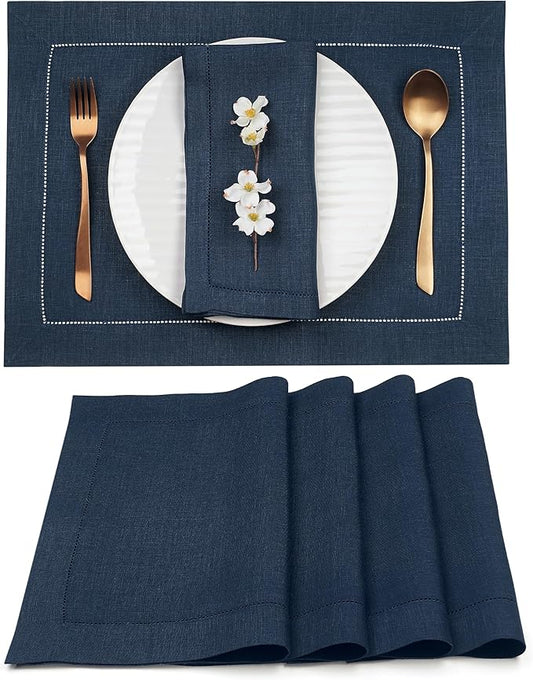 D'Moksha Homes Linen Placemats Set of 4 - Classic Hemstitch Navy Blue Placemats 14 x 19 Inch - 100% Pure Linen Table Mats for Fall, Thanksgiving, Holiday - Handcrafted and Machine Washable