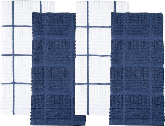 Sticky Toffee Cotton Kitchen Towels Set of 4, Dark Blue and White, 28 x 16 in, Absorbent Reusable Hand and Tea Towels for Kitchen Cleaning