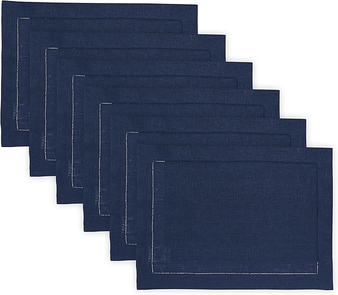 Solino Home Linen Cloth Placemats Set of 6-100% Pure Linen Hemstitch Navy Blue Placemats 14 x 19 Inch - Classic Hemstitch Table Place Mats for Thanksgiving, Christmas, Holiday, Winter