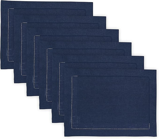 Solino Home Linen Cloth Placemats Set of 6-100% Pure Linen Hemstitch Navy Blue Placemats 14 x 19 Inch - Classic Hemstitch Table Place Mats for Thanksgiving, Christmas, Holiday, Winter