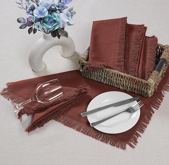 Bedding Craft Cotton Cloth Dinner Napkins Set of 12 – 18x18 Chili Oil with Frayed Selvedge Edges – Machine Washable Fabric Napkins for Weddings, Baby Showers, Parties & Table Décor