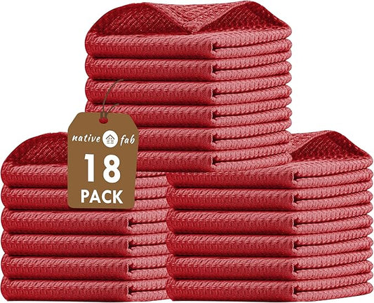 Native Fab Waffle 18 Pack Dish Cloths - 100% Cotton, 12"x12", Absorbent, Quick Drying, Washable Towels for Cleaning, Cooking & Baking - Ideal for Home, Hotels, Bars, Restaurants, Multiple Use - Red