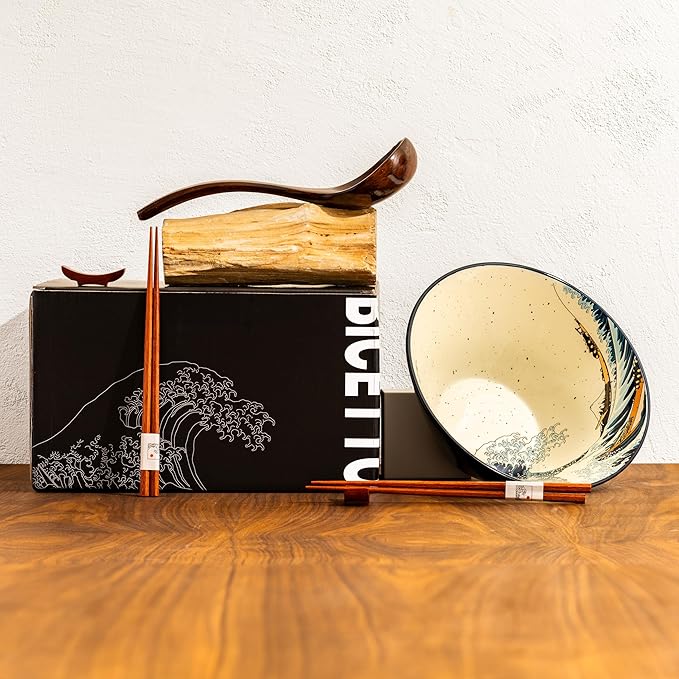 Japanese Ramen Bowl Set with Great Wave Design - 60oz Large Ceramic Bowls, Spoons, Chopsticks for Ramen, Pho, Salad, Poke - Premium Gift for Ramen Lovers - Microwave & Dishwasher Safe
