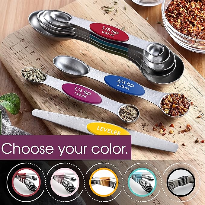 Spring Chef Multicolor Stainless Steel Magnetic Measuring Spoons Set of 8 with Leveler, Nesting Metal Teaspoon & Tablespoon Measuring Spoons, Kitchen Gadgets for Baking & Cooking - 2 Pack