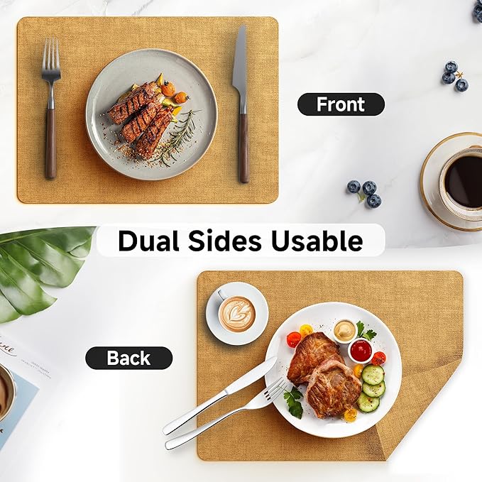 Faux Leather Vinyl Placemats Set of 6 Wipeable Heat Resistant Place Mats 100% Washable - Waterproof - Anti Slip Reversible Table Mats for Kitchen/Dining/Party/Outdoor, 12" x 16.5", Yellow