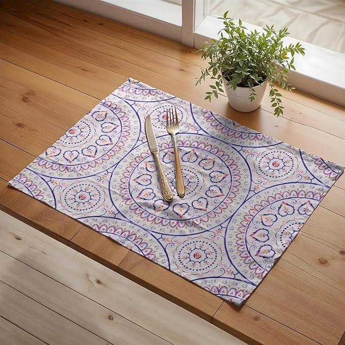 Maison d' Hermine Placemats Set of 4 100% Cotton Washable Cloth Place Mats, Reusable Table Mats for Kitchen Dining Decoration, Party, Wedding, Restaurant Spring/Summer (Mandala, 13" x 19")
