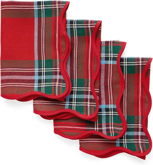 Solino Home Scallop Linen Napkins Set of 4-100% Pure Linen Red Madras Holiday Plaid Dinner Napkins Cloth 20 x 20 Inch for Christmas - Giselle Scallop Edge, Handcrafted and Machine Washable
