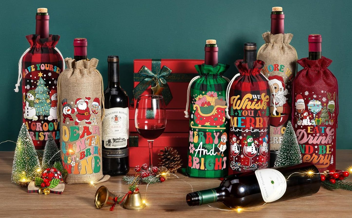 Aoonby 12PCS Burlap Wine Bags Christmas Wines Gift Bag, Drawstring Retro Christmas Bottle Cover Gift Bag w/Tag, Reusable Wines Bags for Bottles Gifts Wine Bottle Covers for Xmas Holiday Party Decor