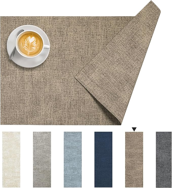 DOLOPL Placemats Set of 6, Reversible Wipeable & Heat Resistant Place Mats, Modern Faux Leather Table Mats for Kitchen, Neutral Waterproof Tablemats for Dining Table Decor, Wedding, Party(Brown)