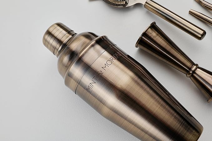 Mint & Mortar Cocktail Shaker Set, 7-Piece Bartender Kit with Stand, 24oz Martini Shaker Bottle Stainless Steel Bar Tools, Home Bar Accessories Drink Mixer, Barware Gift Set - Brushed Gold