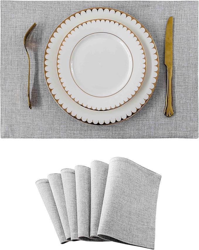 Home Brilliant Cloth Placemats Set of 6 Table Place Mats Light Grey Placemat Easy to Clean Heat Resistant Machine Washable Fabirc Placemats Coffee Table Mats for Dining Kitchen Table, Gray