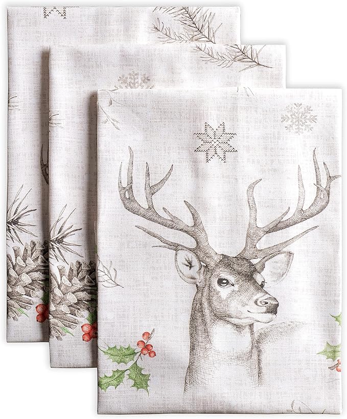 Maison d' Hermine Kitchen Towels Set of 3 100% Cotton 20" x 27.5" Reusable Cloth Tea Dish Towels Absorbent with Hanging Loop for Kitchen Dining Thanksgiving Christmas Decorations (Christmas Dew)