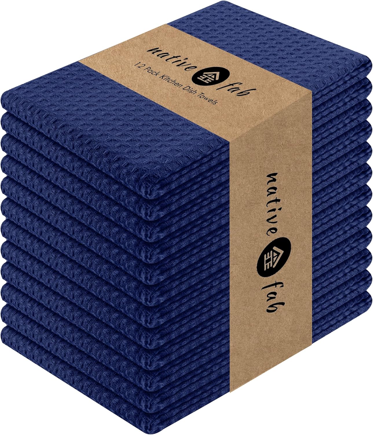Native Fab Waffle Kitchen Towels - 12 Pack, 100% Cotton Soft, Absorbent, Durable, Washable Dish Towels, Quick Drying, Dishcloths for Cleaning, Cooking, Everyday Kitchen Tasks, 16x26 inches - Ink Blue