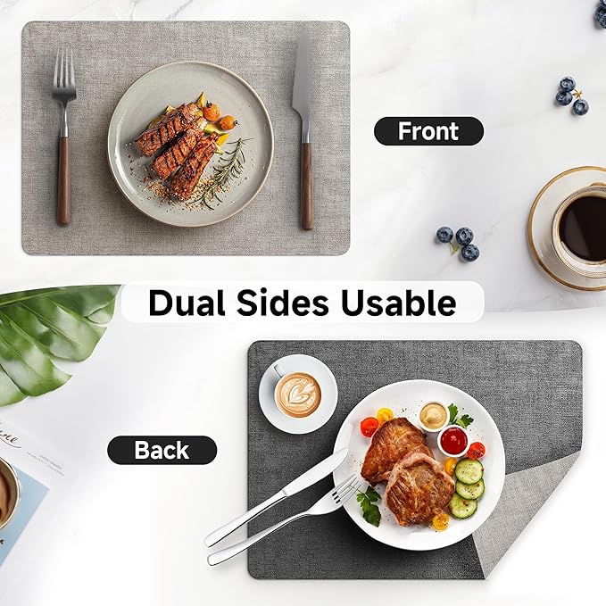 Faux Leather Vinyl Placemats Set of 6 Wipeable Heat Resistant Place Mats 100% Washable - Waterproof - Anti Slip Reversible Table Mats for Kitchen/Dining/Party/Outdoor, 12" x 16.5", Light Grey & Black