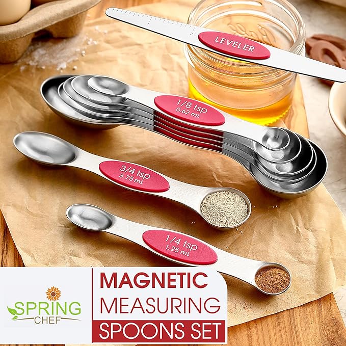 Spring Chef Magnetic Measuring Spoons Set, Dual Sided, Stainless Steel, Fits in Spice Jars, Pink, Set of 8, 2 Pack