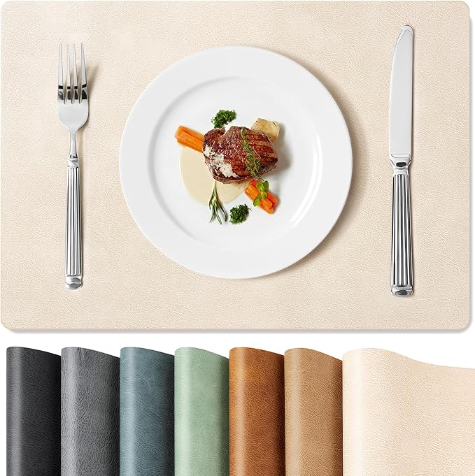 Roxifina Faux Leather Placemats Set of 8 - Vinyl Placemats Wipeable Waterproof Oil-Proof PU Place Mats Heat Resistant Reversible Table Mats for Dining, Kitchen, Outdoor, 12 x 17 Inch (Beige)