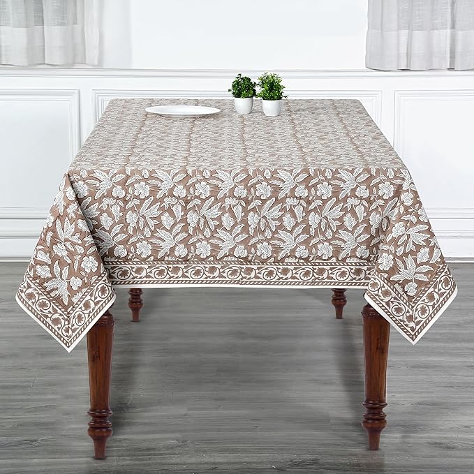 Ridhi Oak Brown Hand Block Print Cotton Rectangle Tablecloth 108 x 60 inch-Reusable Table Cover Decorative Everyday Use for Dining Room, Farmhouse, Thanksgiving, Christmas Wedding, Fall