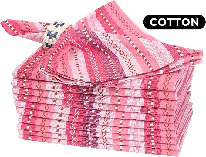 Bedding Craft Cotton Cloth Dinner Napkins Set of 12 – 18x18 Pink Multi Salsa Stripe – Reusable Machine Washable Fabric Napkins for Weddings, Parties, Kitchen & Everyday Dining