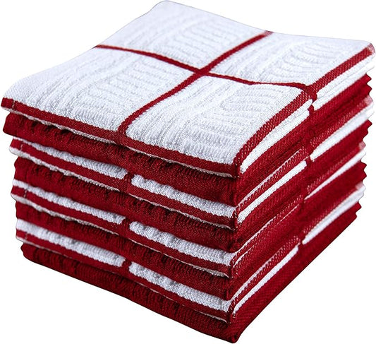 Sticky Toffee Cotton Dishcloths Set of 8, Red and White, 12 x 12 in, Absorbent Reusable Tea Towels and Cleaning Cloths, Oeko-Tex Cotton