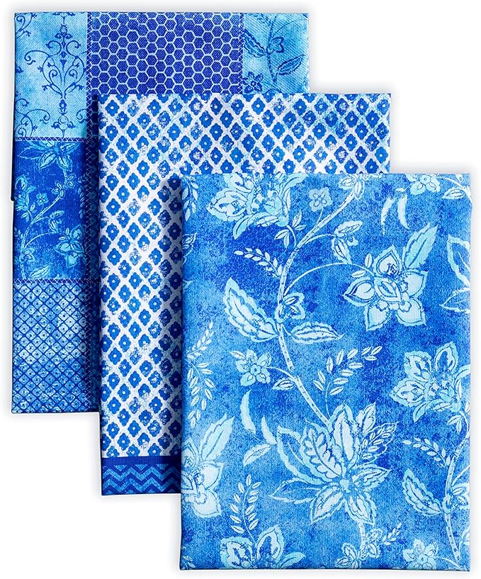 Maison d' Hermine Kitchen Towels Set of 3 100% Cotton 27.50" x 20" Reusable Cloth Tea Dish Towels Absorbent with Hanging Loop for Kitchen, Home, Dining, Cocktail Parties Spring/Summer (Indigo Love)