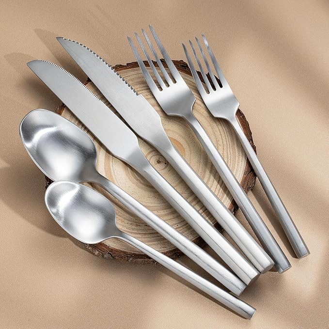 Silverware Set with Steak Knives,Zerophilo Flatware Set with Hexagon Handle 24 Pieces 18/0 Stainless Steel Cutlery Set for 4,Dishwasher Safe