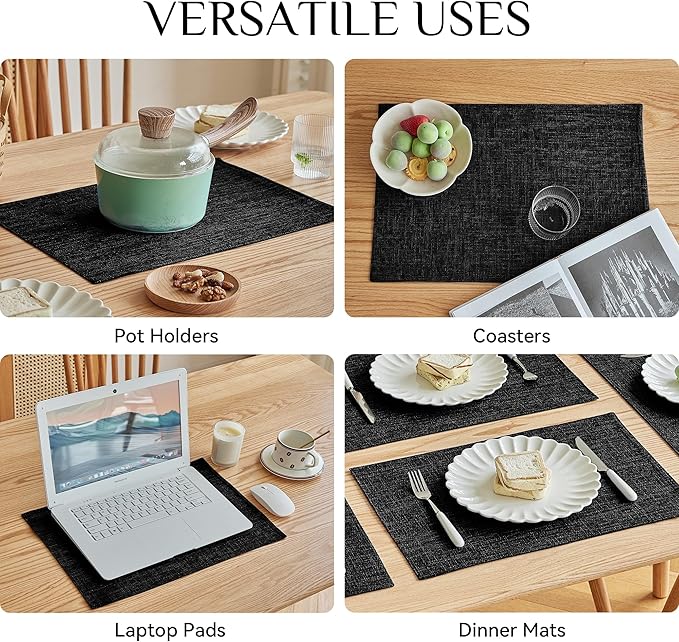 Softalker Faux Linen Placemats Set of 4-12 x 18 Inch, Heat Resistant Double Layered Durable Burlap Farmhouse Place Mats, Non-Slip Washable Rustic Table Mats for Dining, Kitchen, Party（Black
