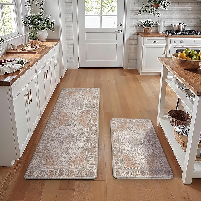GENIMO Kitchen Mats for Floor 2PCs, Washable Anti Fatigue Mat for Cushioned, 17.3"x59"+17.3"x30", Waterproof Kitchen Rugs, Non Slip Comfort Standing Mat Rug for Home, Sink, Laundry, Oleander