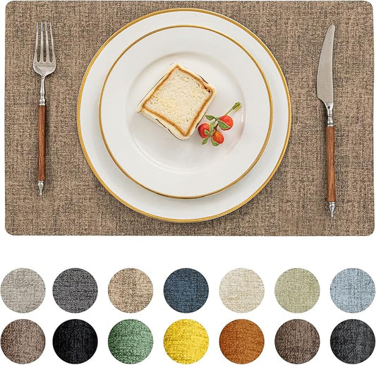 Romanstile Vinyl Placemats Set of 12-12 X 18 Inch - Heat Resistant Place Mats 100% Waterproof Oilproof Wipeable Reversible Faux Leather Table Mats for Kitchen/Dining/Party/Outdoor, Coffee