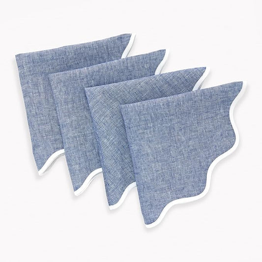 Solino Home Linen Scallop Cloth Napkins Set of 4-100% Pure Linen White and Chambray Indigo Dinner Napkins 20 Inch for Fall, Autumn - Giselle Scallop Edge, Handcrafted and Machine Washable