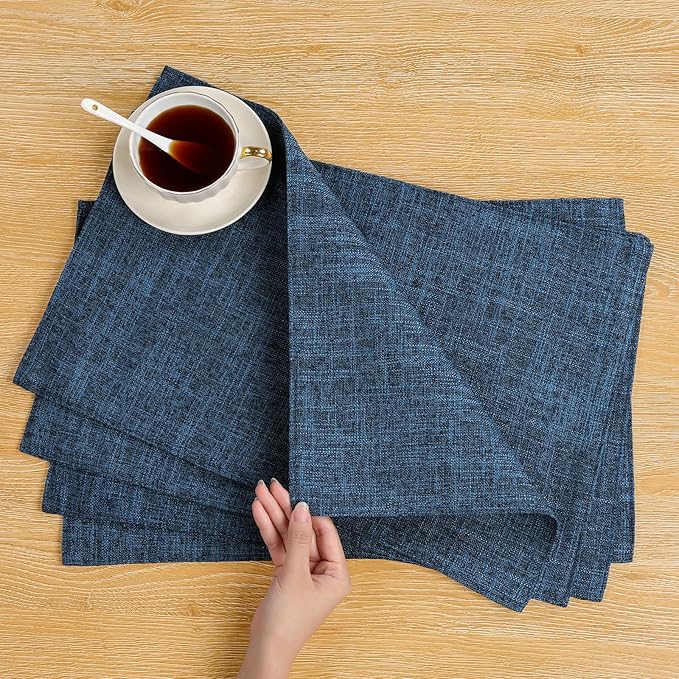 SHACOS Cloth Fabric Placemats Set of 4 Washable Non Slip Heat Resistant Table Mats Double Layer Reversible Place Mats Stain Resistant Indoor Outdoor, Dark Blue