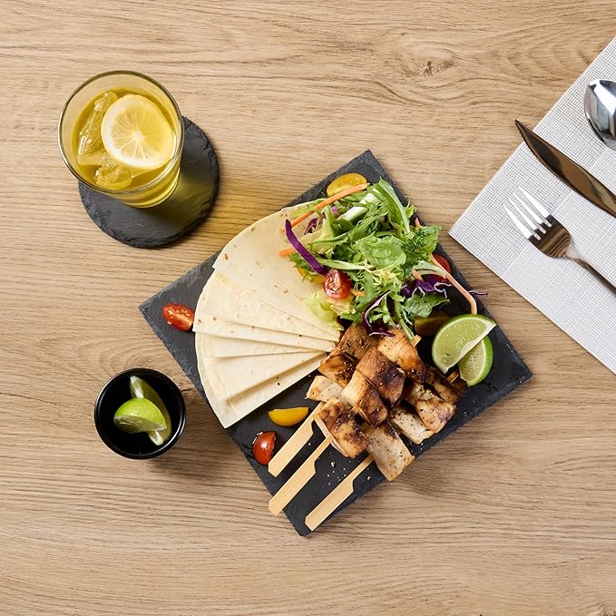 Restaurantware Slate Serving Trays 10 Pack of 8 x 8" Foam Feet Charcuterie Stone Plates Rustic Edges Freezable Black Square Serving Display Cheese Boards for Kitchen, Dining, Parties