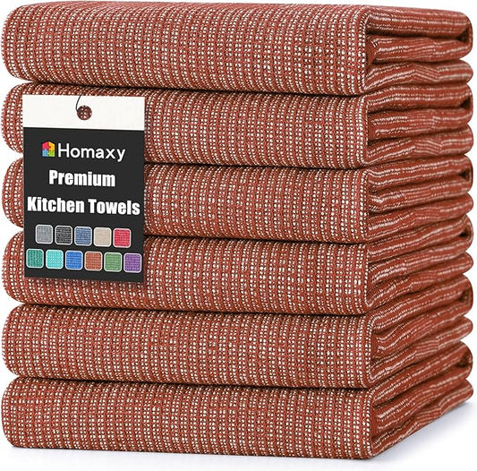 Homaxy Premium Kitchen Towels(18”x 28”, 6 Pack), Large Cotton Kitchen Hand Towels, Flat and Terry Dish Towels, 380 GSM Highly Absorbent Tea Towel Set with Hanging Loop, Rust