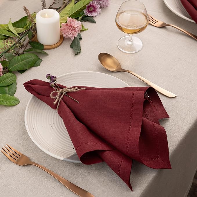 D'Moksha Homes Dark Red Linen Napkins Set of 8 - Classic Hemstitch 100% Pure Linen Hemstitch Dinner Napkins 20 x 20 Inch for Fall, Thanksgiving, Christmas, Holiday - Handcrafted and Machine Washable