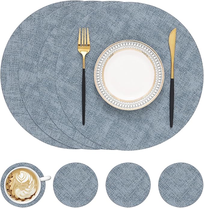 homing Round Faux Leather Placemat and Coaster 4 Packs, Washable Heat Resistant Dining Place Mats, Wipeable Double-Sided Table Mats for Indoor and Outdoor, Diameter 13 and 3.93 inch, Blue