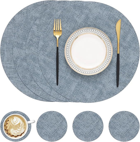 homing Round Faux Leather Placemat and Coaster 4 Packs, Washable Heat Resistant Dining Place Mats, Wipeable Double-Sided Table Mats for Indoor and Outdoor, Diameter 13 and 3.93 inch, Blue