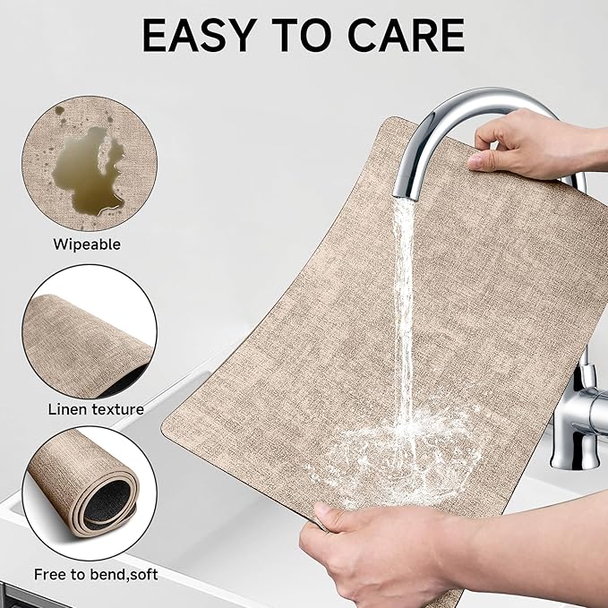 Faux Leather Vinyl Placemats Set of 4 Wipeable Heat Resistant Place Mats 100% Washable - Waterproof - Anti Slip Reversible Table Mats for Kitchen/Dining/Party/Outdoor, 12" x 16.5", Khaki & Black