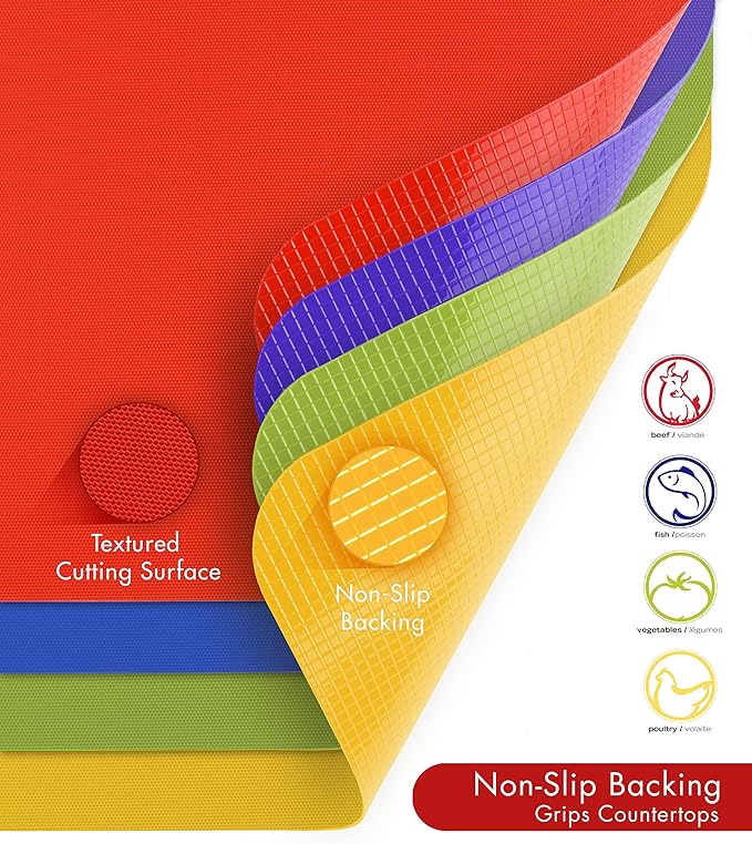 Dexas Heavy Duty Cutting Board Grippmat, Flexible Cutting Boards for Kitchen, Set of 4, Non Slip Plastic Board Cutting Mat Small Size 5.5 x 8, Blue, Green, Yellow, Red Set, Kitchen Gadgets