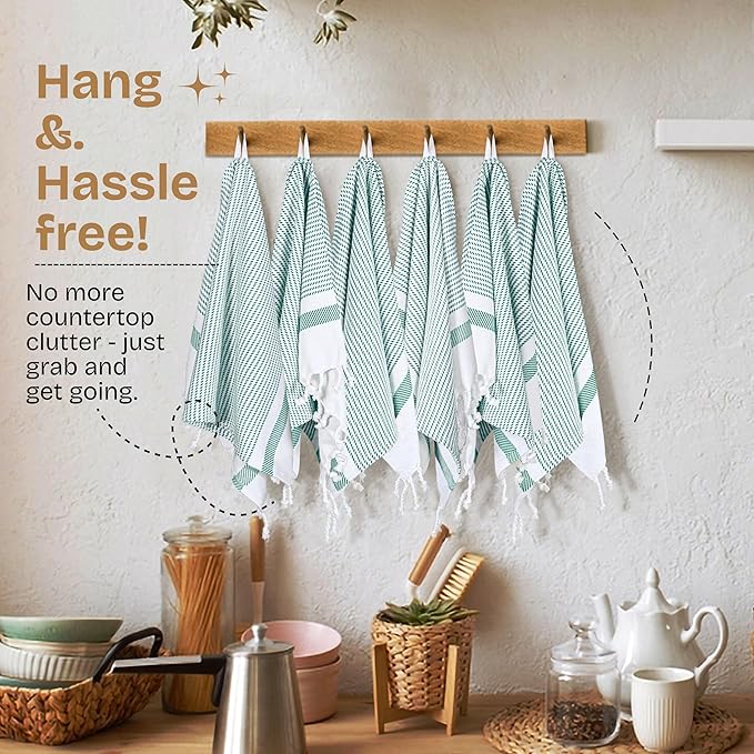 Turquiose Green Turkish Kitchen Towels 16"x26", 5 Pack, 100% Cotton, Ultra Absorbent, Soft, Fast Dry, Machine Washable, Dish Towel with Tassels for Drying Dishes, Cleaning, Wiping