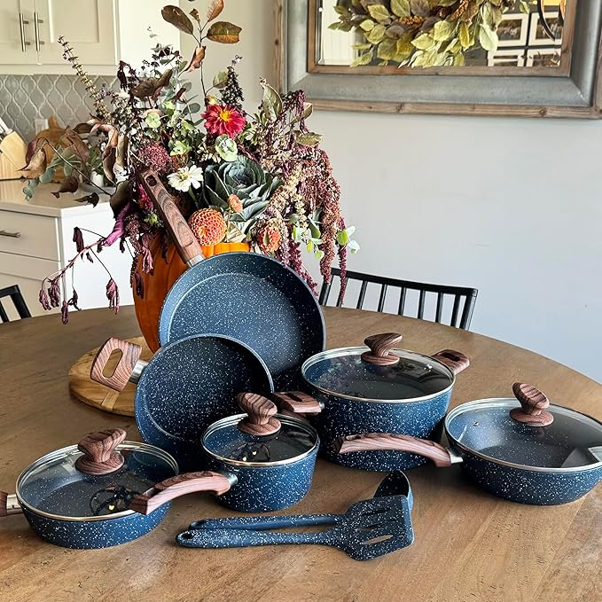 MAISON ARTS Pots and Pans Set Non Stick, Kitchen Cookware Sets Nonstick, 12 Piece Granite Cooking Pot and Pan for Induction, Stovetop, Blue