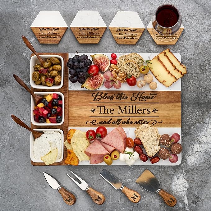AWESOMETIK Personalized Marble & Acacia Wood Cheese Board – Custom Engraved Charcuterie Board with Knife Set – Gift for Couples