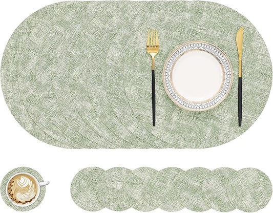 homing Round Faux Leather Placemat and Coaster 8 Packs, Washable Heat Resistant Dining Place Mats, Wipeable Double-Sided Table Mats for Indoor and Outdoor, Diameter 13 and 3.93 inch, Light Green