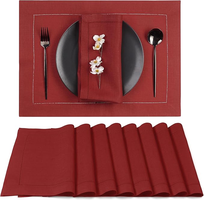 D'Moksha Homes Red Linen Placemats Set of 8 - Classic Hemstitch Placemats 14 x 19 Inch - 100% Pure Linen Table Mats for Fall, Thanksgiving, Christmas, Holiday - Handcrafted and Machine Washable