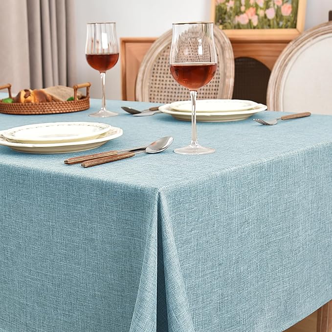 Fitable Faux Linen Tablecloths Rectangle 60 x 102 Inch - 2 Pack Waterproof Table Clothes for 6 Foot Tables, Turquoise Flax Look Table Covers for Farmhouse, Dining, Party, Banquet, Buffet