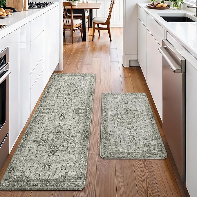 GENIMO Kitchen Mats for Floor 2PCs, Washable Anti Fatigue Mat for Cushioned, 17.3"x59"+17.3"x30", Waterproof Kitchen Rugs, Non Slip Standing Mat Rug for Home, Runner, Sink, Laundry, Vintage Grey
